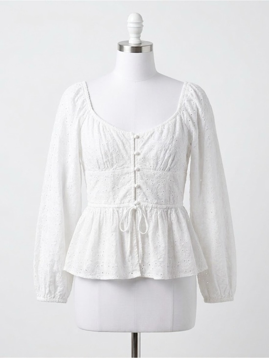 aerie Tops - Aerie White Eyelet Peplum Button-Front Blouse